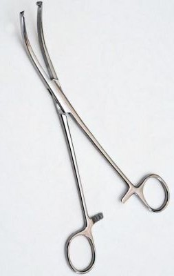 Затискач очеревинний Мікуліча-Бенголеа, вертикально-зігнутий, з кремальєрою, 195 мм